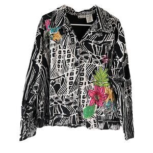 Womens Units Jeans Jacket Embroidered with Flowers Sz XL Black